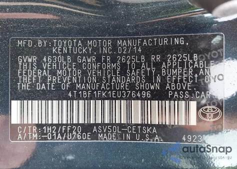2014 Toyota Camry Se from USA, damaged, VIN 4T1BF1FK1EU376496